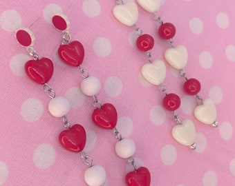Retro Red and White Dangly Heart Kitsch Kawaii Valentine’s Day Earrings