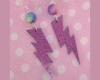 Sparkly Glitter Pink Celestial Lightning Bolt Rainbow Dangle Earrings