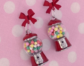 Miniature Red Gum-ball Machine Bow tie Kitsch Retro Kawaii Dangle Earrings