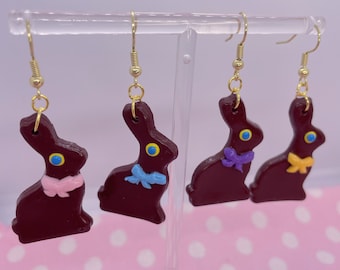 Retro Chocolate Bunny Rabbit Bow tie Pastel Easter Dangle Earrings