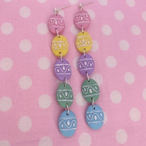 Hand Painted Pastel Rainbow Easter Egg Hunt Polymer Clay Dangle Earrings