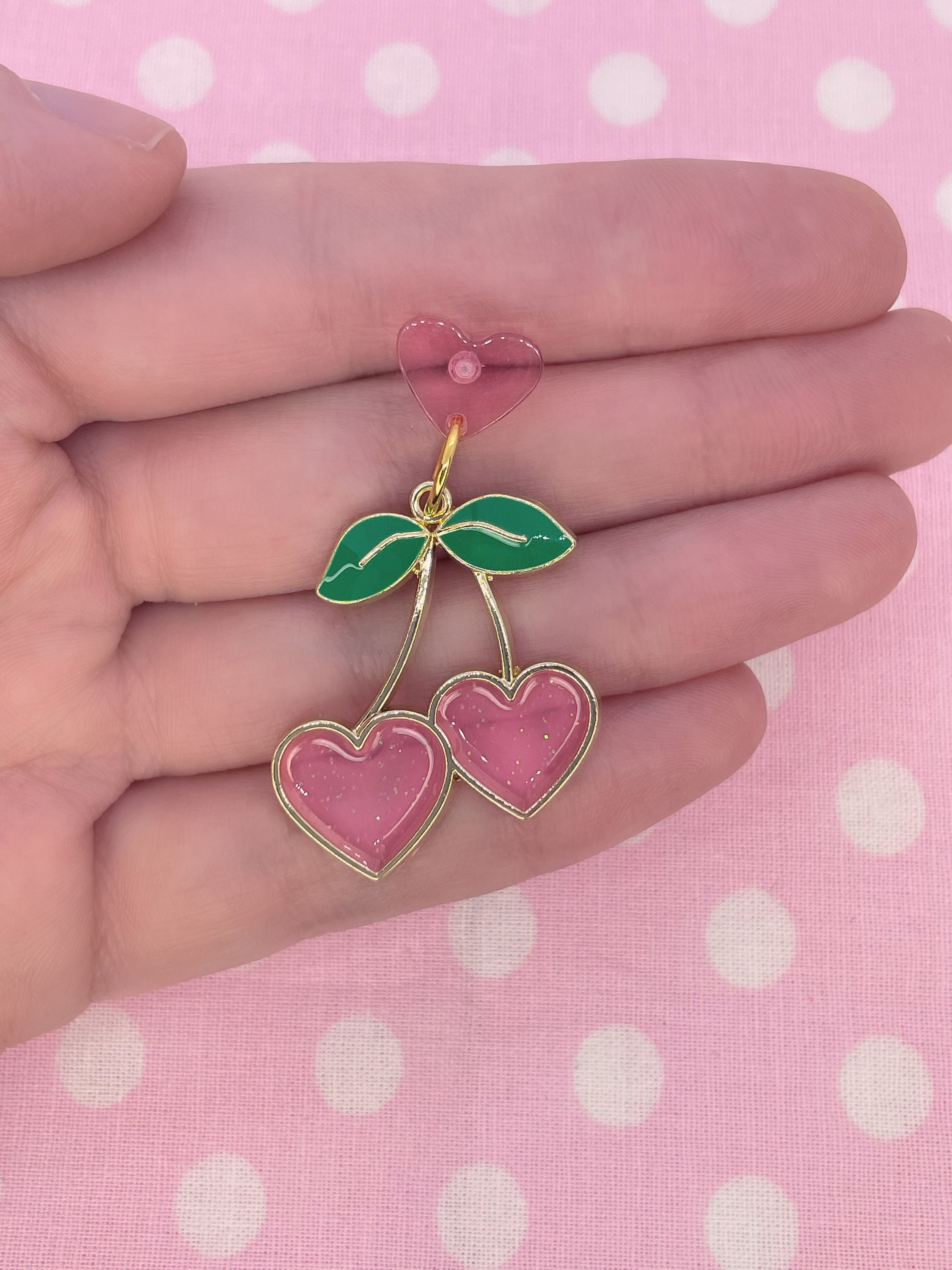 Sparkly Pink Cherry Heart Retro Kitsch Pin Up Valentines Day Earrings
