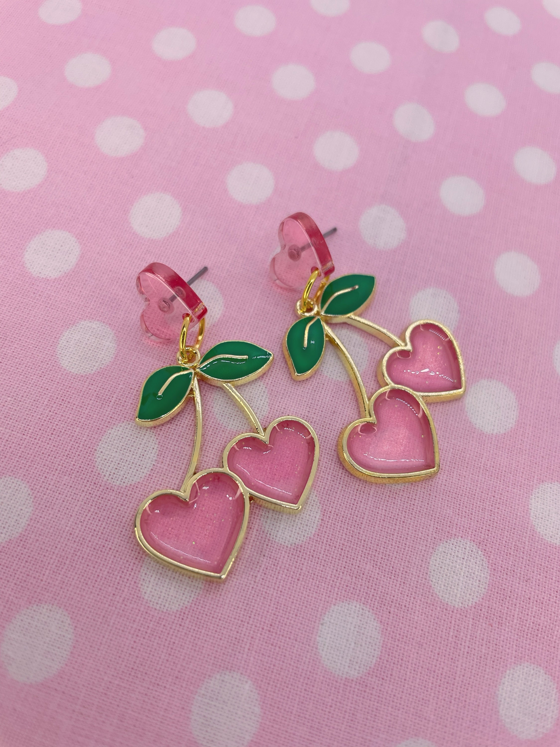 Sparkly Pink Cherry Heart Retro Kitsch Pin Up Valentines Day Earrings