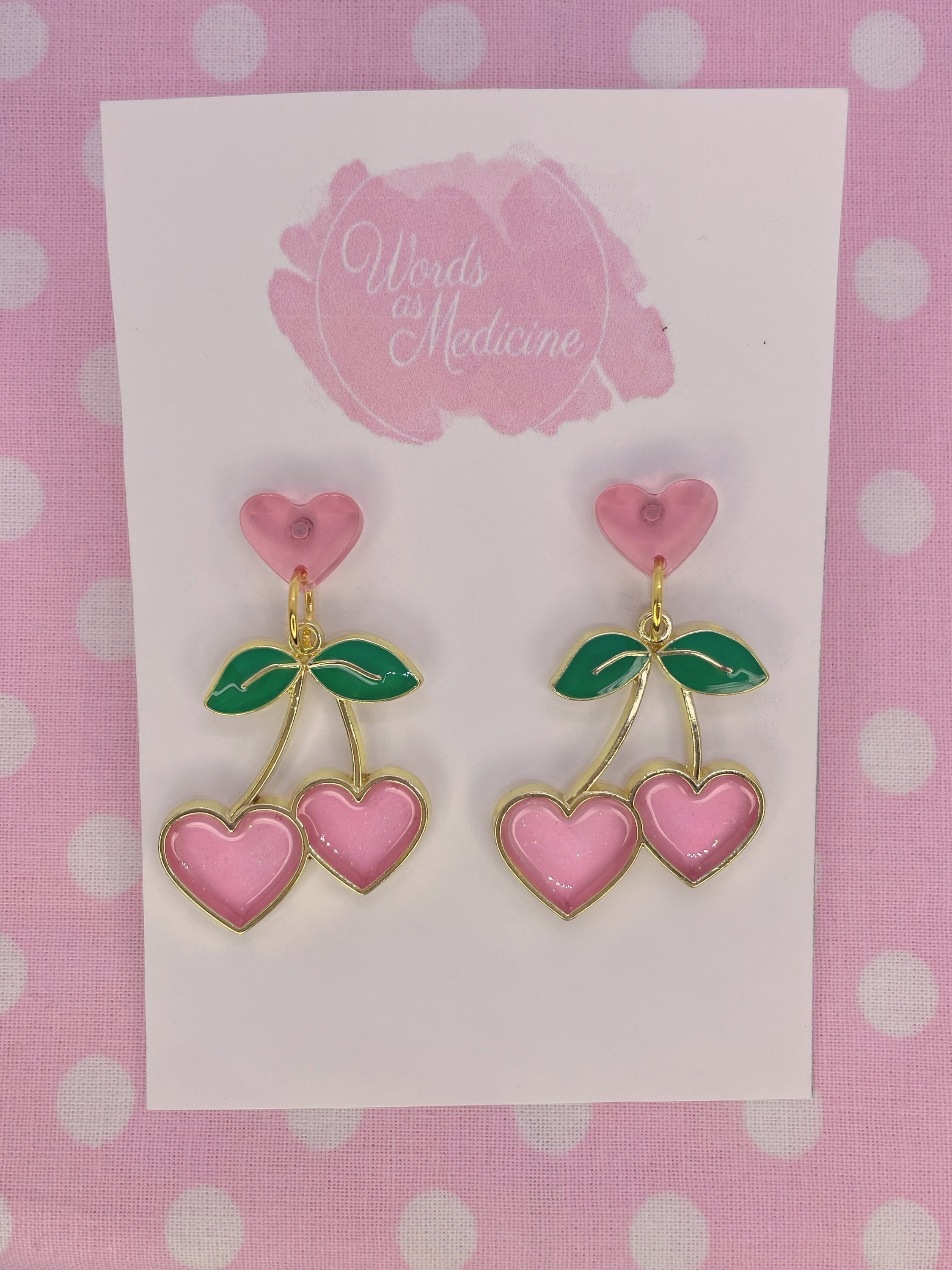 Sparkly Pink Cherry Heart Retro Kitsch Pin Up Valentines Day Earrings