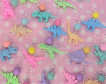 Retro Colourful Pastel Kitsch Mixed Mismatched Dinosaur Dangle Earrings