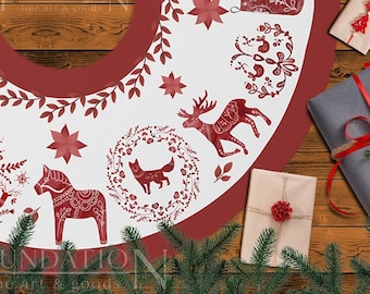 Nordic Magic Christmas Tree Skirt - Scandinavian Woodland Tree Skirt - Swedish Christmas - Elegant Christmas Home Decor - Dala Horse Decor