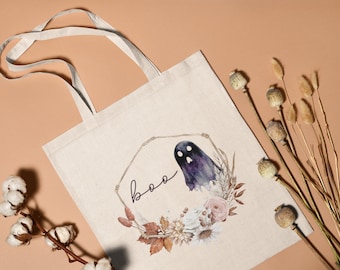 Halloween Treat Bag - Cute Ghost - Ghostie - Trick-or-Treat Bag - Halloween Tote Bag - Cute Ghost and Floral Halloween Design