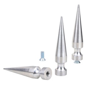 Twenty Giant Aluminum Size95 Spike 3.75 inch or 95mm tall. (Bag of 20) Made of light aluminum. Comes with a screw. StudsAndSpikes brand.