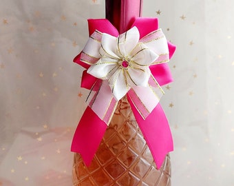 Wine bottle bow decoration Hot pink white golden bowtie