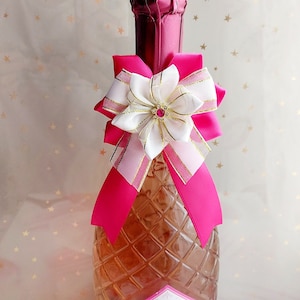 Wine bottle bow decoration Hot pink white golden bowtie image 1