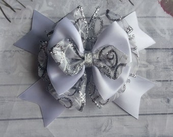 2 x Ribbon stick on gift box present bow Christmas Decorations Party Gift Wrapping bow white silver glitter