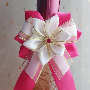 Wine bottle bow decoration Hot pink white golden bowtie image 2