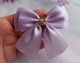 Double Bows Satin Ribbon Ready Made Bows 3.5 inch 9cm Lilac Golden Crafts Bows Sewing Bows Self Adhesive Gift Bows Hair Bow