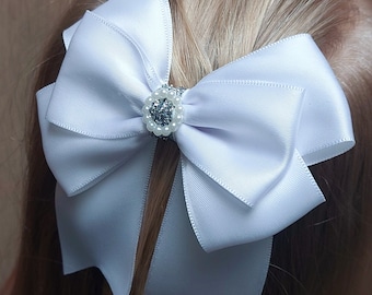 White Satin Bow Clip,Hair Bow, Occasion Hair Bow, Bridal Hair Bow, Baptism Hair Clip, Wedding Bow 11 cm Elegant Hair Bow