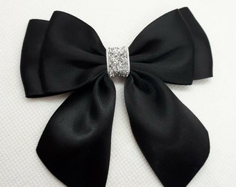 Satin Ribbon Ready Made Bows 9 cm Large Black Silver Glitter Bows Black Hair Bow Black Gift Bow Christmas tree bows Self adhesive gift bows