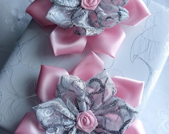 Pink silver ribbon stick on gift box present bow Christmas Decorations Party Gift Wrapping bow 13 cm