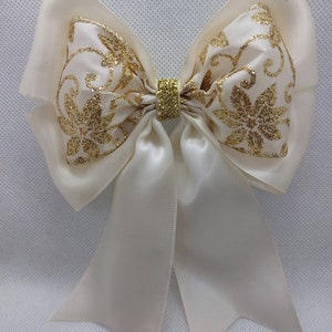 Satin Ribbon Bow, Ivory Bow, Golden Bow, Wedding Bow, Christening Party Bow, Gift Wrapping Bow, Christmas Bow Glitter Bow, Large Bow