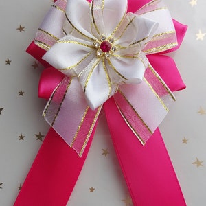 Wine bottle bow decoration Hot pink white golden bowtie image 3