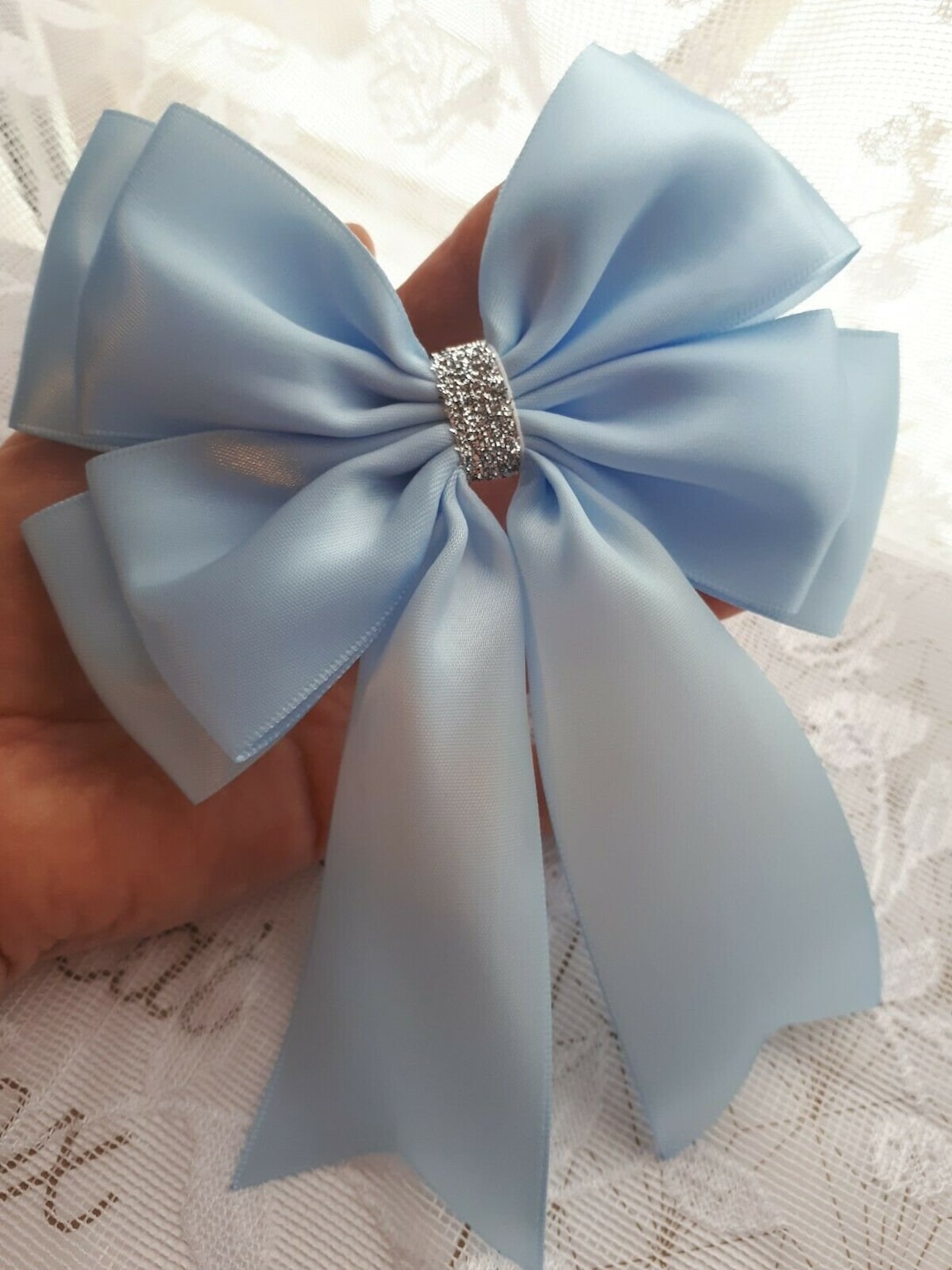 Baby Blue Large Satin Ribbon Double Bow Wedding Christening Party Gift ...