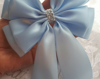 Baby blue Large Satin Ribbon Double Bow Wedding Christening Party Gift Wrapping Stick on Present Christmas Xmas Bow Hair Clip 14 x 18 cm