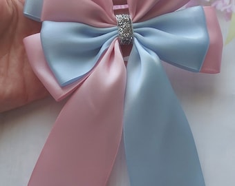 Baby shower gender reveal party Satin Ribbon Bow pink and blue Gift Wrapping Bow Glitter Bow Stick on present Hair bow