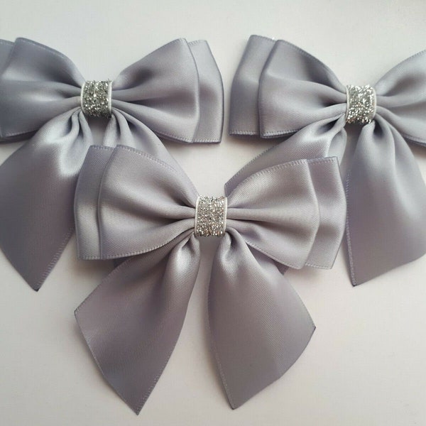 Double Bows Satin Ribbon Ready Made Bows 3.5 inch 9cm  Grey Silver Crafts Bows Sewing Bows Self Adhesive Stick on Gift Bows Grey hair bow