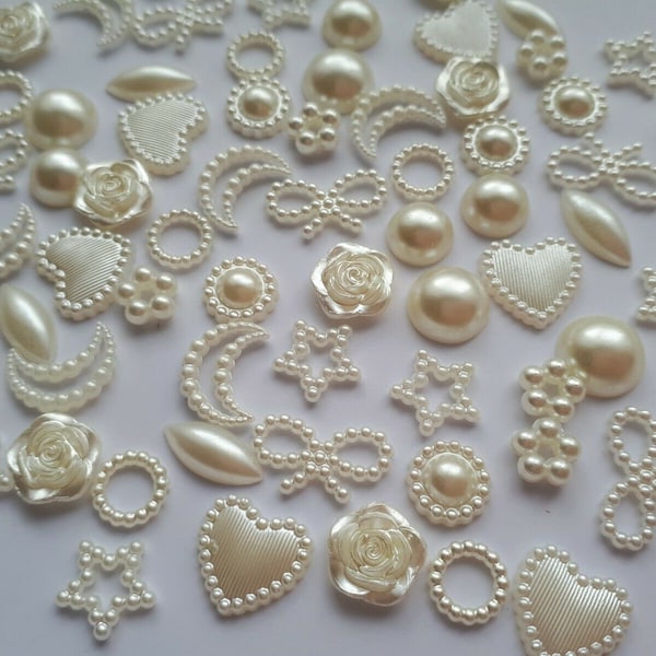 60 Plastic Acrylic Imitation Pearl Flower Flat Back Cabochons  Creamy White Beige Flower Star Moon Heart Ring Bow Cabochon Decorations