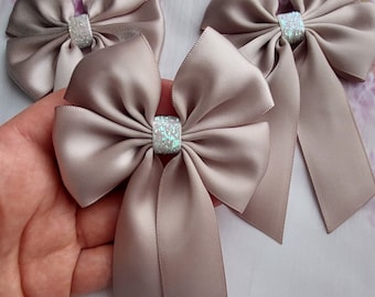 Taupe Satin Ribbon Bows Ready Made bows Crafts Bow Christmas Bow Wedding Bow Hair bow Self Adhesive bows  8 x 13 cm