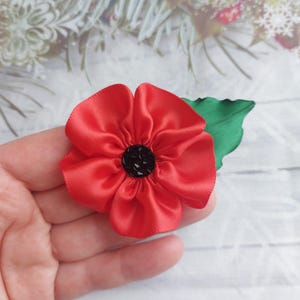 Red poppy brooch flower costume accessories 5 cm red green satin ribbon bow badge