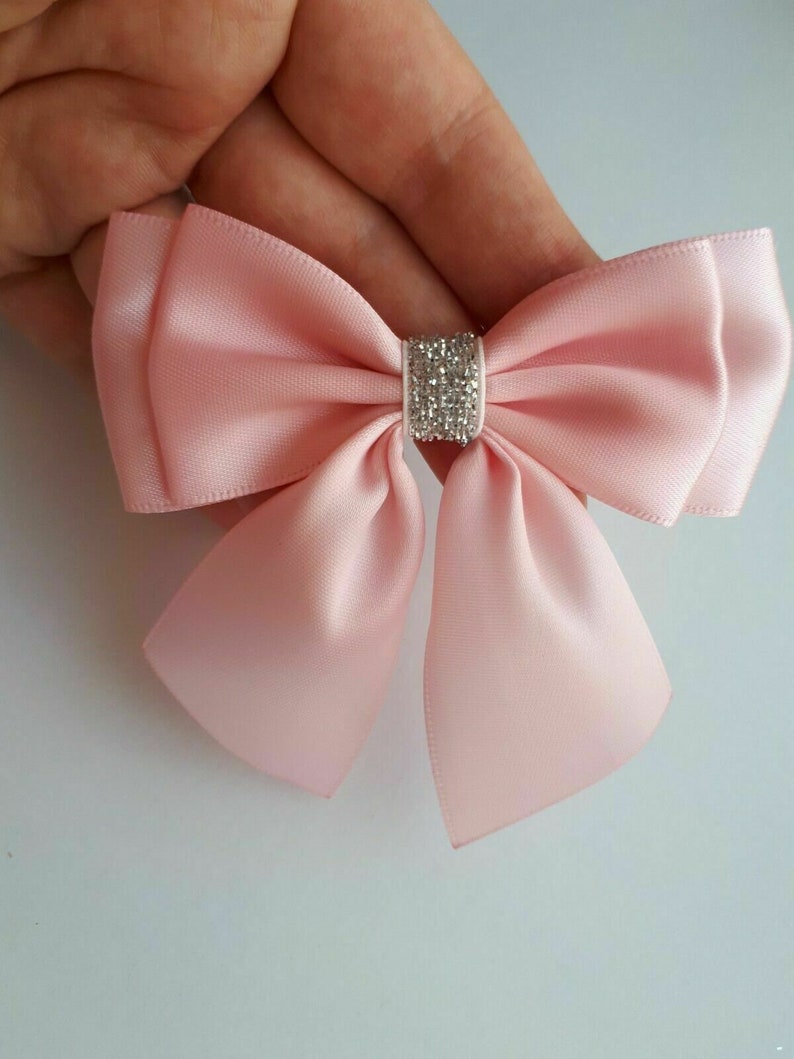 Double Bows Satin Ribbon Ready Made Bows 3.5 inch 9cm Large Bows Baby Pink Silver Glitter bow Stick on Bow Hair clip image 3