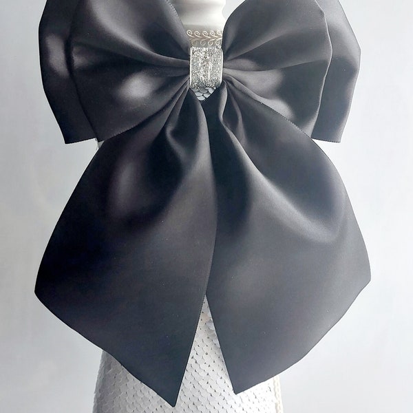 Detachable bow black silver satin ribbon attachable dress bow 16 cm x 24cm bow brooch pin