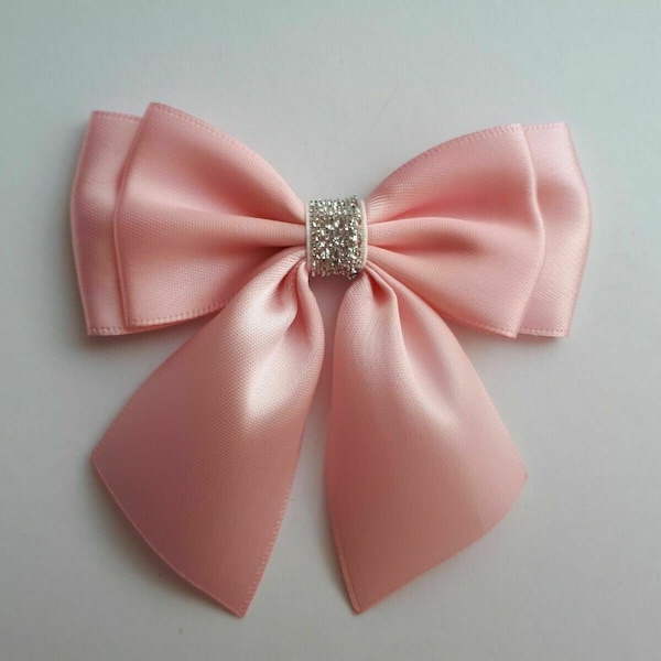 Double Bows Satin Ribbon Ready Made Bows 3.5 inch 9cm Large Bows Baby Pink Silver Glitter bow Stick on Bow Hair clip