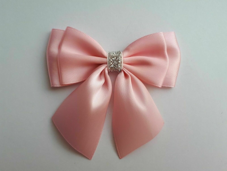 Double Bows Satin Ribbon Ready Made Bows 3.5 inch 9cm Large Bows Baby Pink Silver Glitter bow Stick on Bow Hair clip image 1