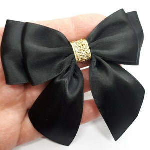 Double Bows Satin Ribbon Ready Made Bows 9cm Black Golden Bows Craft Bows Gift Bows Glitter Bows Hair Bow Clip