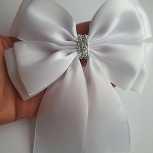 White Satin Ribbon Double Bow Wedding Christening Party Gift Wrapping Bow Glitter Bow Stick on Bow Hair bow 14 x18 cm