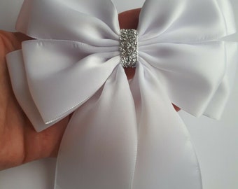 1 x grand ruban de satin blanc, 14 x 18 cm, double noeud, mariage, baptême, emballage cadeau, noeud, noeud scintillant, noeud pour cheveux