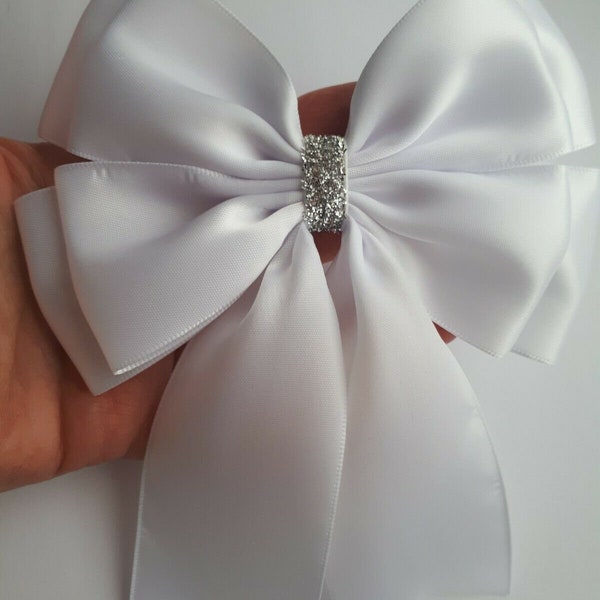 1 x White 14 x18 cm Large Satin Ribbon Double Bow Wedding Christening Party Gift Wrapping Bow Glitter Bow Stick on Bow Hair bow