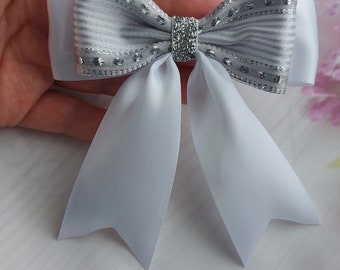 3 x Satin Ribbon Bows,White Bow, Silver Bow, Party Bow, Gift Wrapping Bow, Christmas Bow, Decorative Bow, Self Adhesive Bow