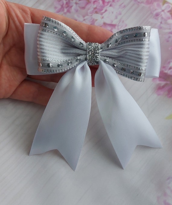 3 x Satin Ribbon Bows,White Bow, Silver Bow, Party Bow, Gift Wrapping Bow,  Christmas Bow, Decorative Bow, Self Adhesive Bow