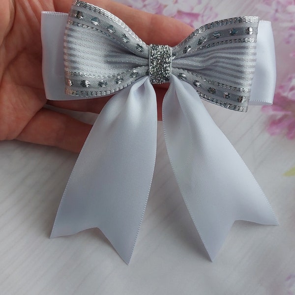 3 x Satin Ribbon Bows,White Bow, Silver Bow, Party Bow, Gift Wrapping Bow, Christmas Bow, Decorative Bow, Self Adhesive Bow