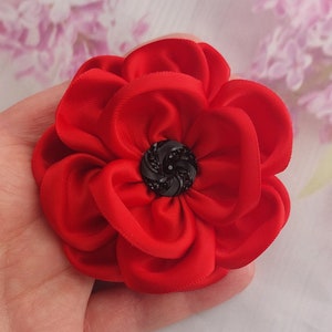 Red flower brooch, hair clip or stick on present bow, costume accessories 8 cm satin ribbon bow badge pin