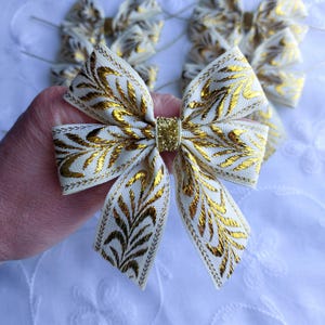 Christmas tree ribbon bows golden hanging festive Xmas ornament handmade 9 x 11 cm pack of 6