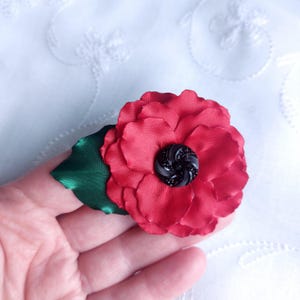 Red poppy brooch flower costume accessories 6 cm red green satin ribbon bow badge