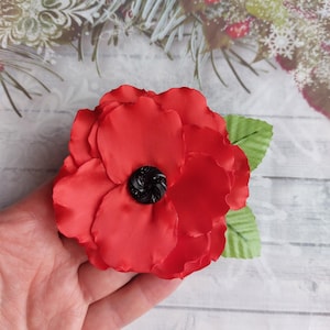Red poppy brooch large flower costume accessories 8 cm red satin ribbon bow badge