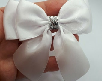 Double Bows Satin Ribbon Ready Made Bows 9cm Large Bows White Silver Glitter Bow Wedding Bow Craft Bow Stick on Bow Hair Clip Xmas Tree Bows