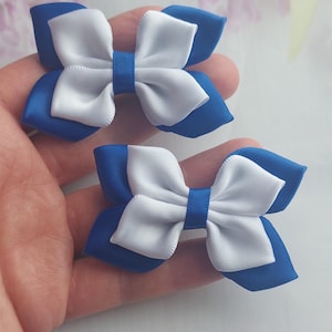 2 x Small school Nursery Hair bow clips school uniform bow tie royal blue white satin hair bow back to school bow 7 cm