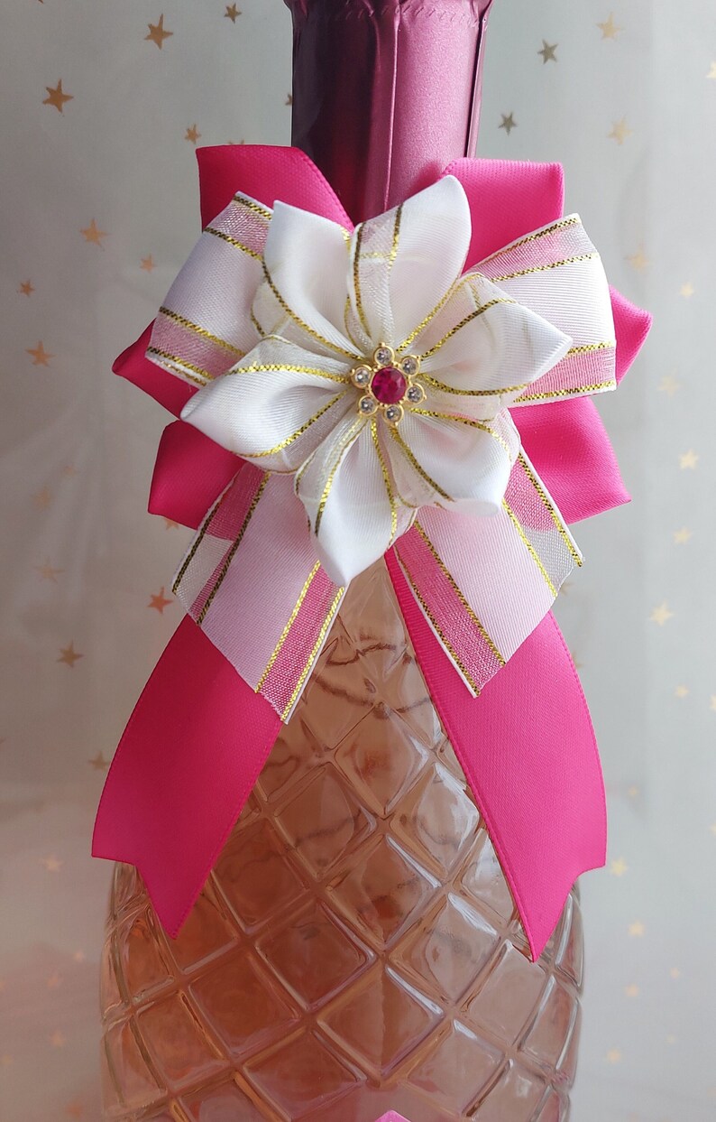 Wine bottle bow decoration Hot pink white golden bowtie image 2