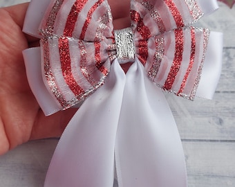 2 x Satin Ribbon Bow Red Silver Glitter Party Bow, Gift Wrapping Bow, Christmas Bow, 11.5 x 14 cm Large Bow Decorative Bow