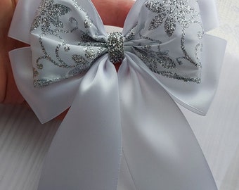 1 x White 14 x18 cm Large Satin Ribbon Double Bow Wedding Christening Party Gift Wrapping Bow Glitter Bow Stick on Christmas Bow Hair bow