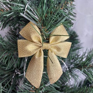 Gold Christmas tree ribbon bows hanging festive Xmas ornament handmade 8 x 10 cm pack of 6